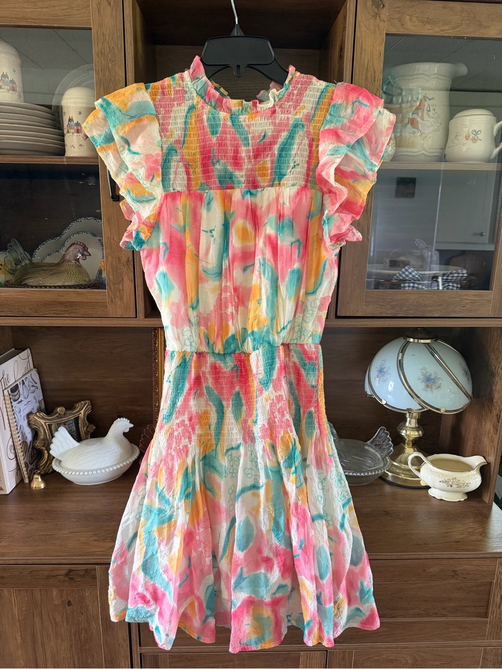 Entro Pastel Watercolor Floral Smocked Mini Dress Ruffle Flutter Sleeve Small